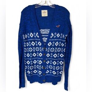 Hollister Fair Isle Cardigan Womens Medium Blue Indie Grandpacore Y2K Revival